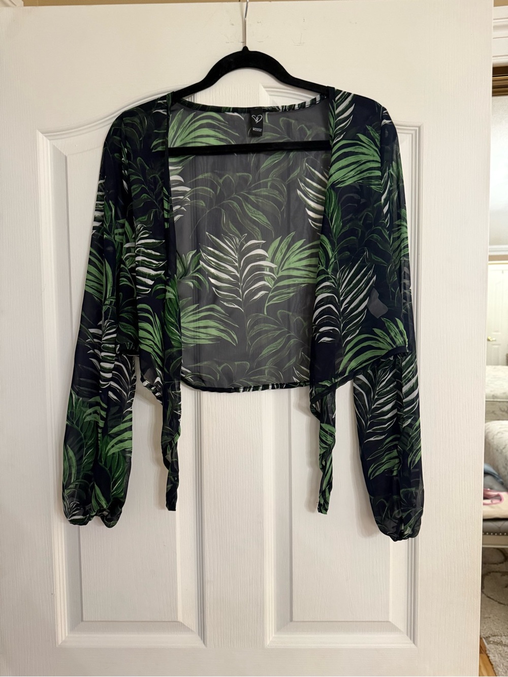 Sheer Black Tropical Leaf Open-Front Women's Top/ cover up .